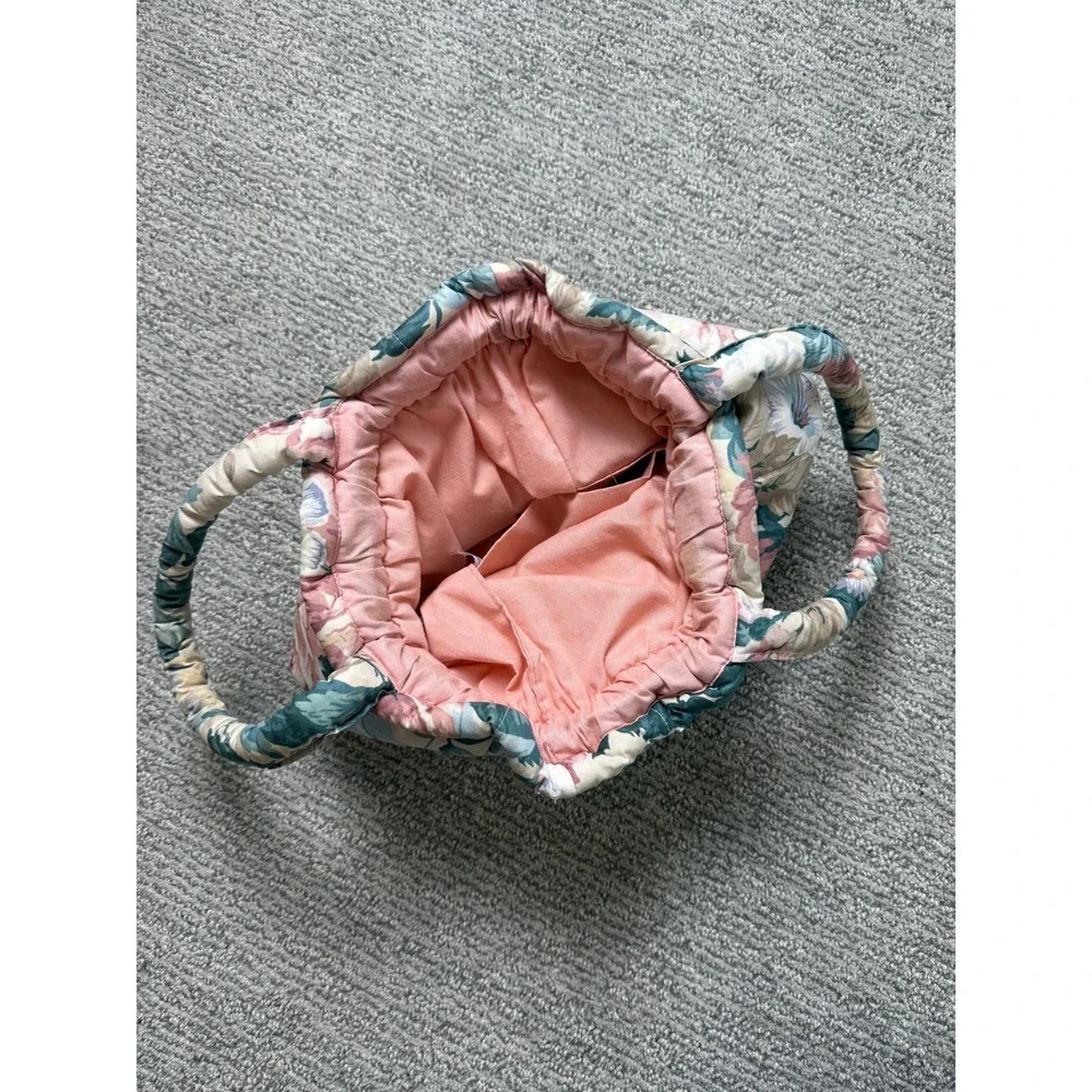 Vintage Tote Folks Floral Quilted Handbag Pink Green Cottagecore Flex Frame